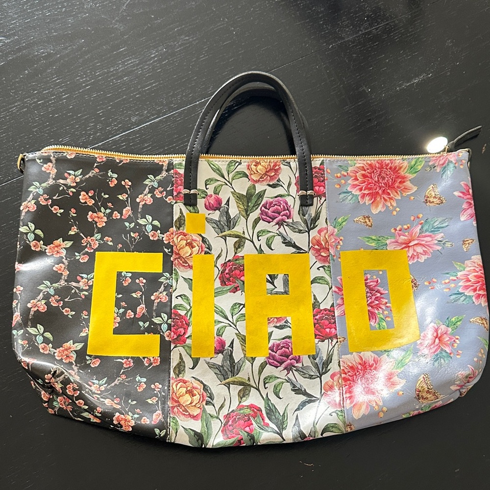 Clare V Floral Patchwork Tote with Yellow Logo